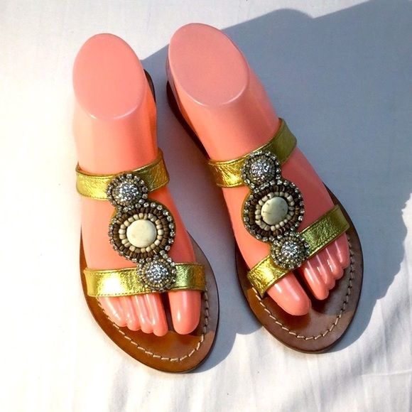 Scemo Collection Gold Embellished Leather Sandals Size 6 - Picture 1 of 8
